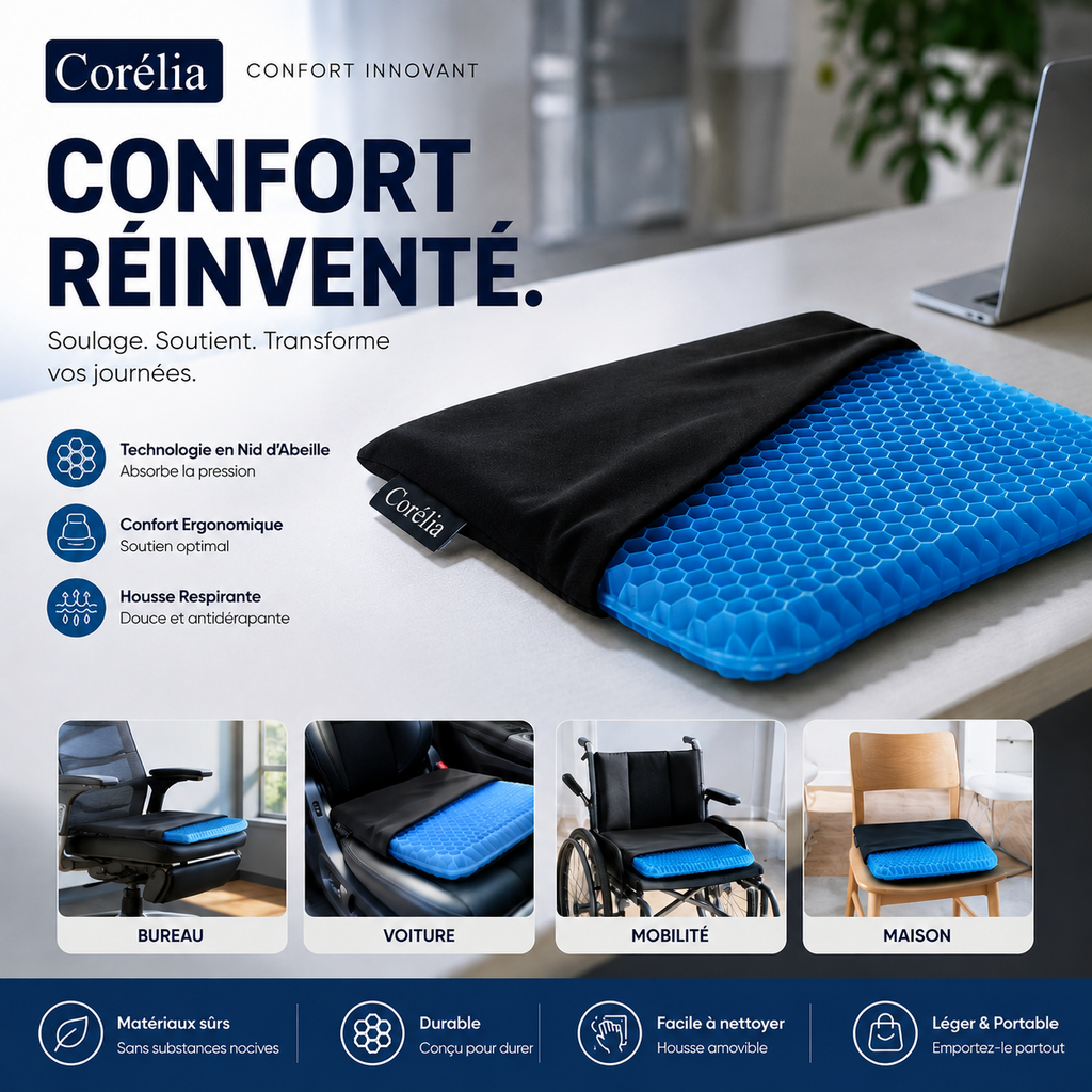 Infographie coussin gel nid d'abeille Corélia : technologie anti-pression, confort ergonomique, housse respirante — bureau, voiture, mobilité, maison