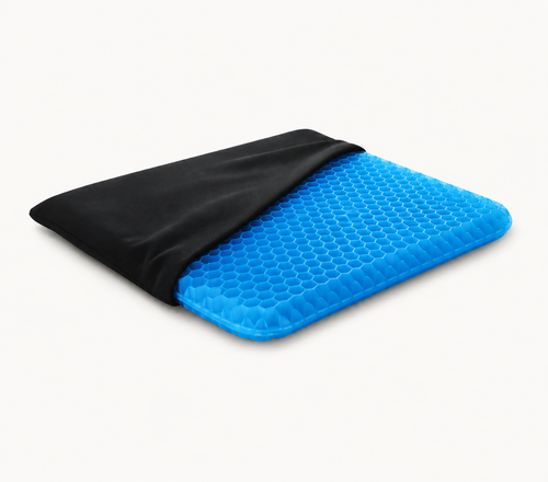 Coussin d'assise Corélia en gel nid d'abeille bleu avec housse noire amovible — vue packshot