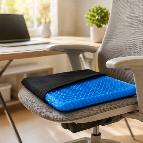Coussin gel nid d'abeille Corélia installé sur une chaise de bureau ergonomique dans un bureau lumineux — mise en situation télétravail