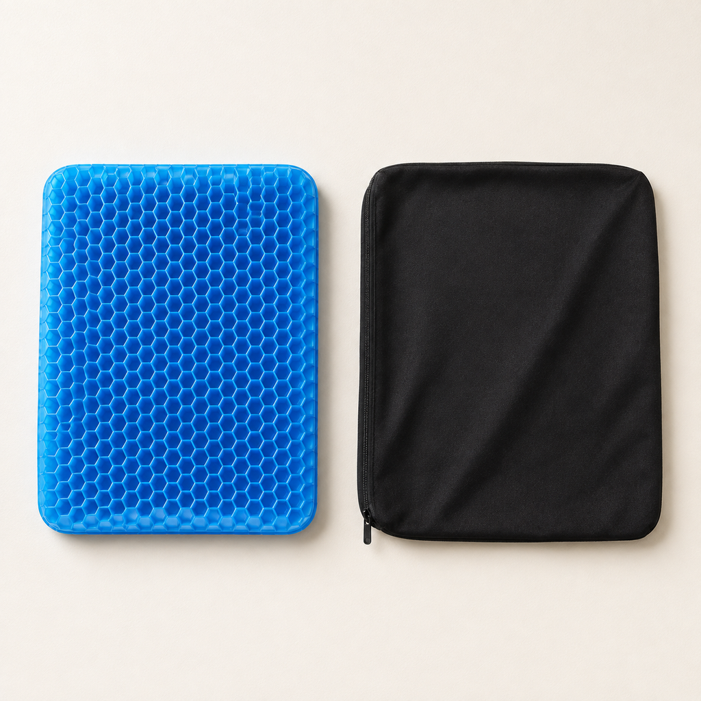 Coussin gel nid d'abeille bleu Corélia à côté de sa housse noire amovible et lavable avec fermeture éclair — vue à plat